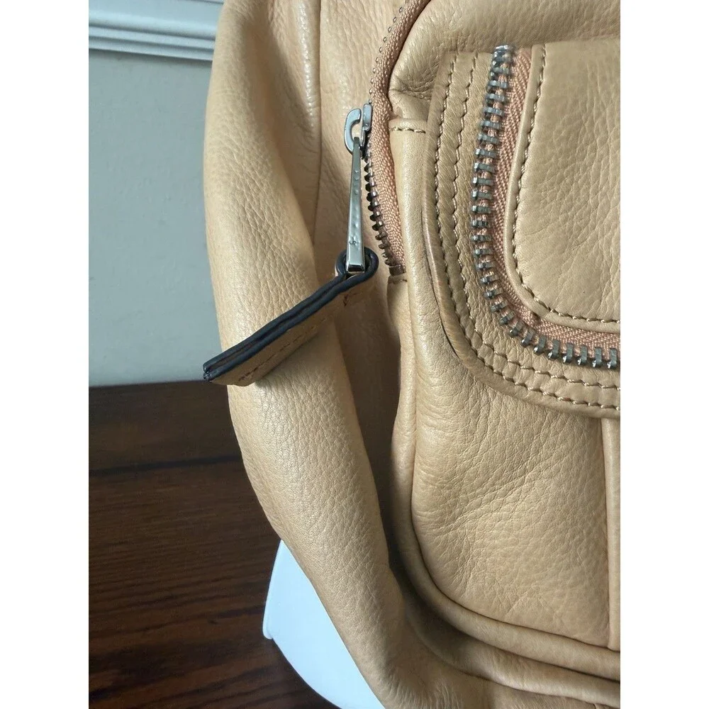 B. Makowsky Tan Leather Hobo Bag Multi-Pocket Cargo Style Silver Hardware